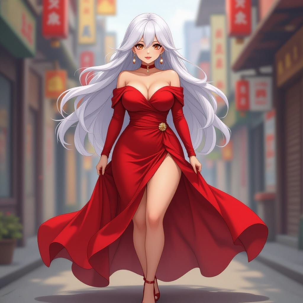 Anime Woman with Red Dress and Flowing Hair