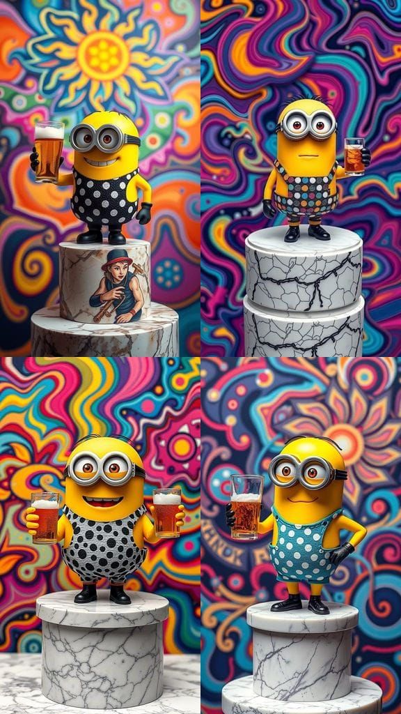 Minion in Vibrant Beach Scene, Psychedelic Patterns, and Int...