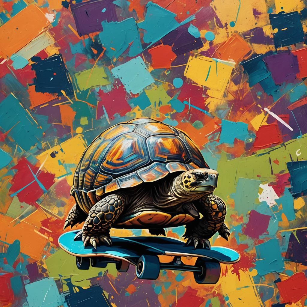 Tortoise on Skateboard in Abstract Expressionist Style