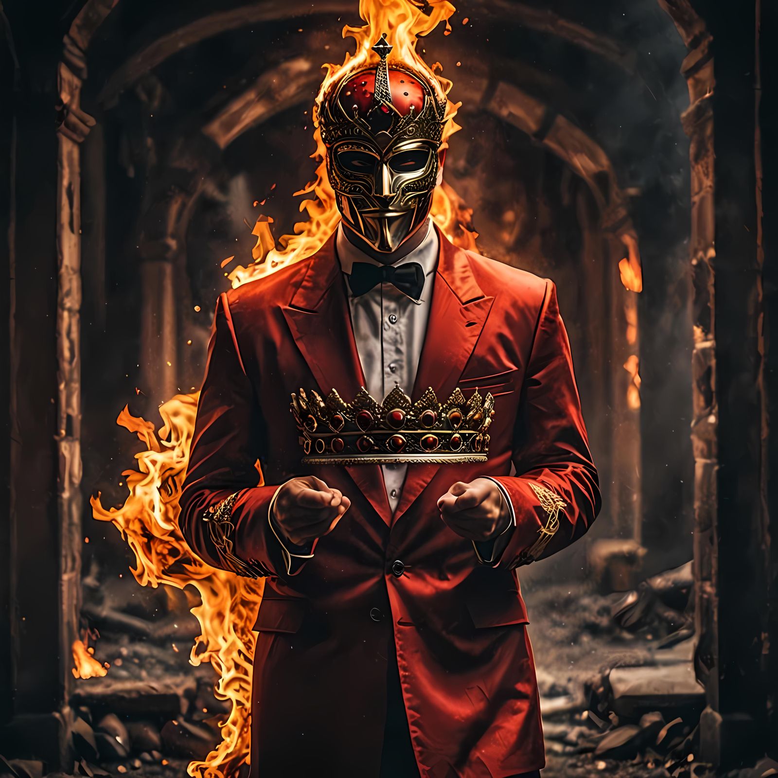 Fiery Masked Man Holding a Crown in HDR