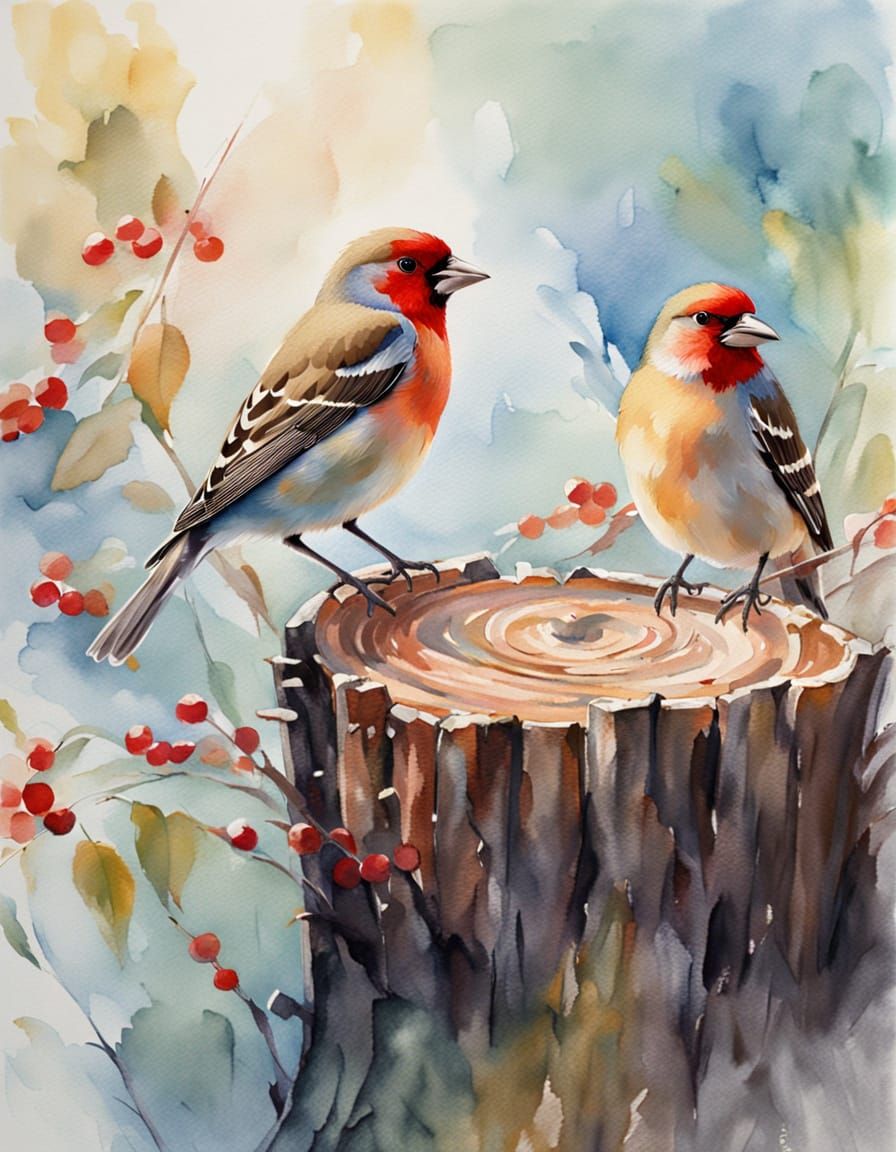 Impressionist Tree Stump Scene with Finch Birds