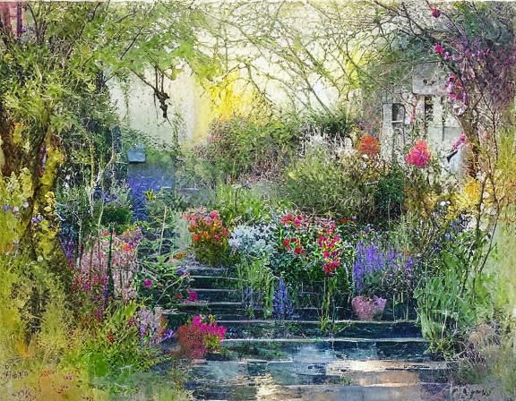 Vibrant Garden Scene in Dark Alleyway