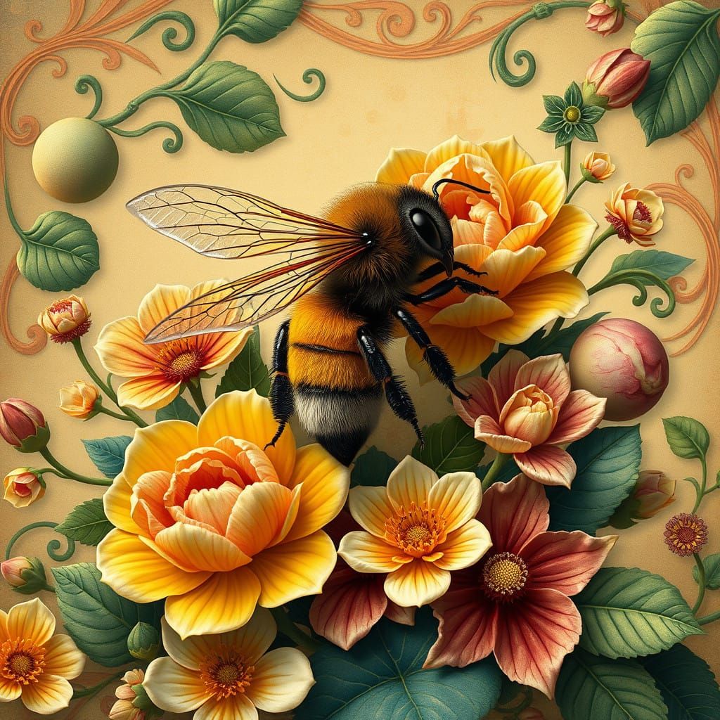 Bees in Dreamy Art Nouveau Floral Wonderland