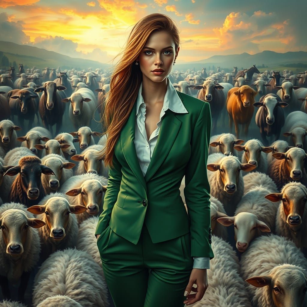 Woman in Green Suit with Farm Animals