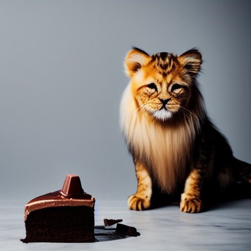 Grumpy Kitten Eating Chocolate Cake in Golden Hour