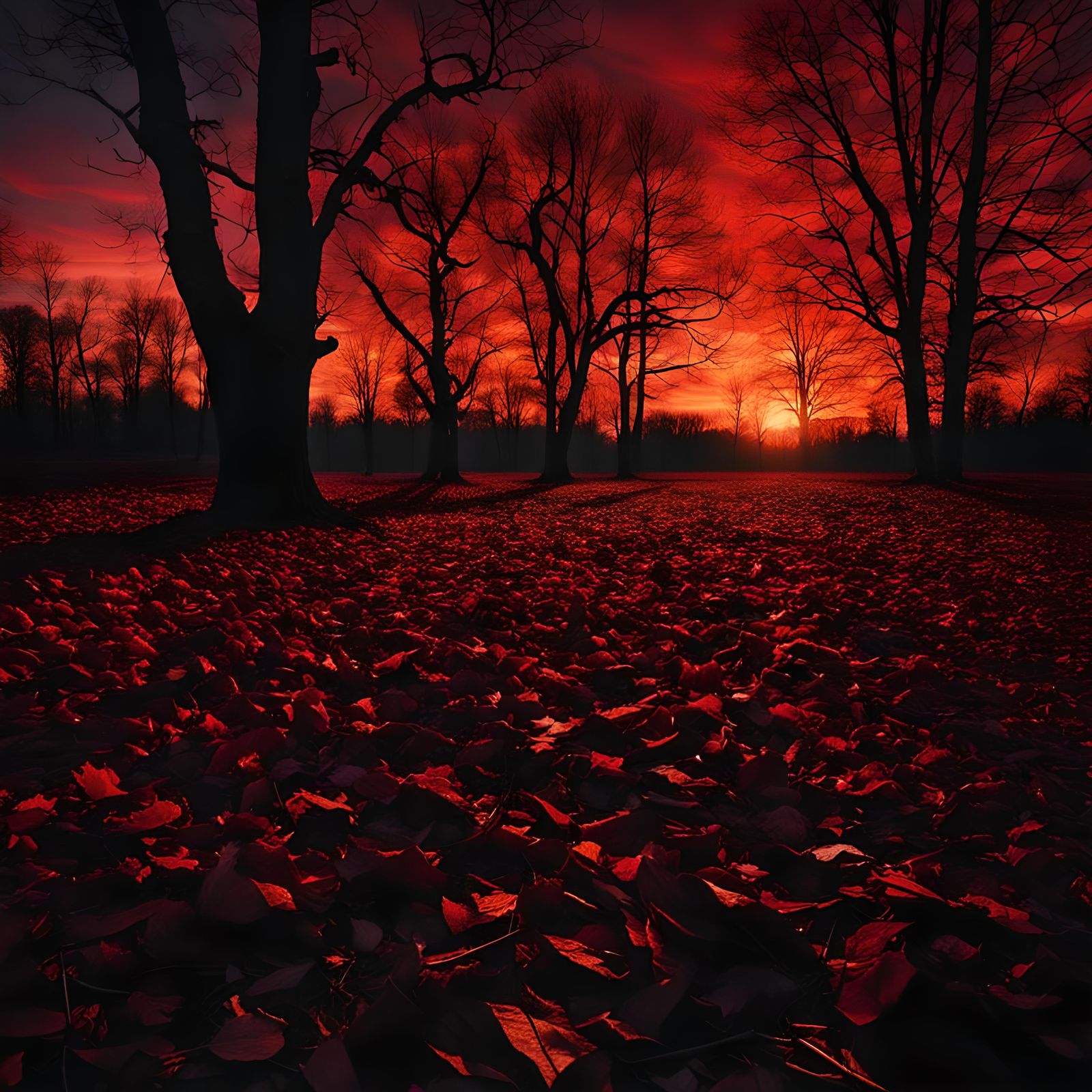 Dark Gothic Autumn Landscape with Red Sunset