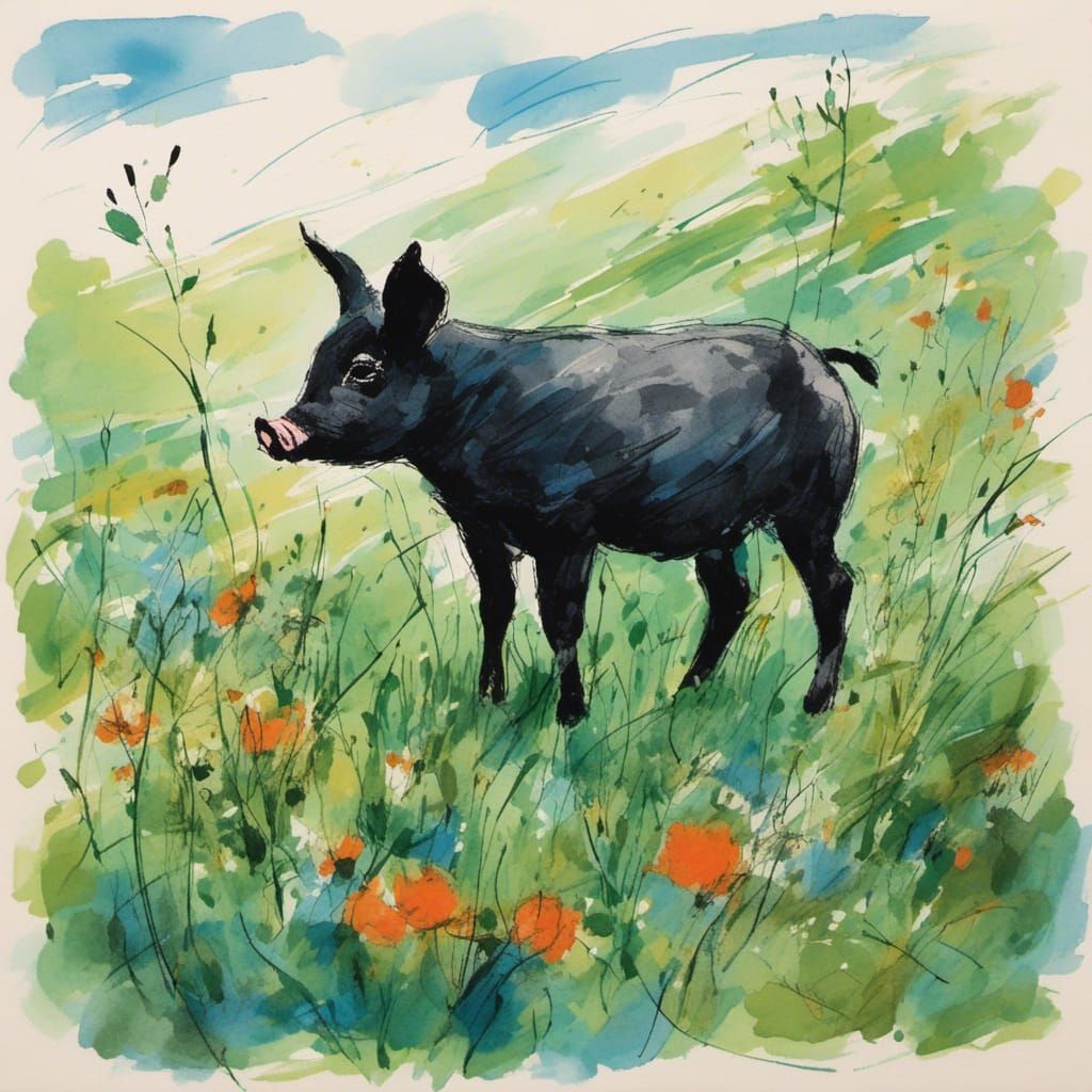 Black Piglet in Flower Garden: Minimalist Charcoal Art