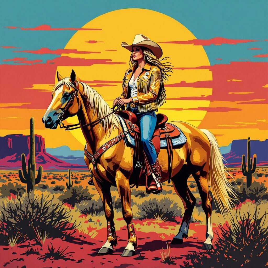 Cowgirl Riding Palomino in Warhol Pop Art Style