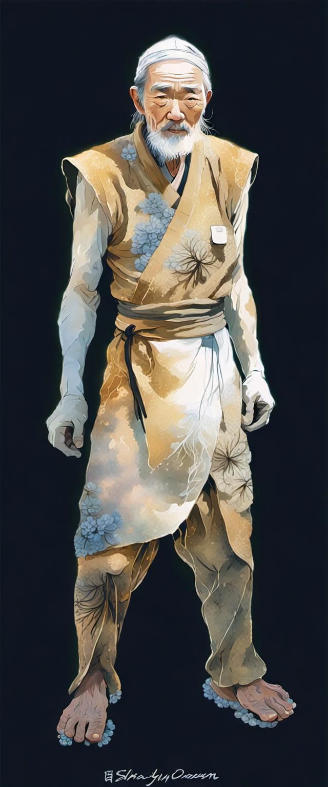 Timeless Elderly Kyuzo Groundskeeper in Vibrant Impressionis...