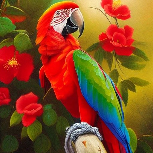 Rainbow Macaw Among China Roses Oil Painting