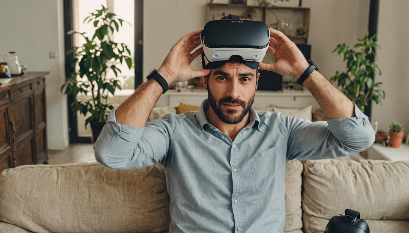 Young Man Immersed in Virtual Reality with VR Glasses
