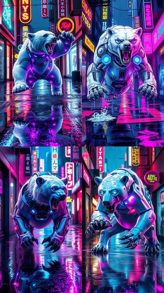 Cyberpunk White Bear Leaps Forward in Neon Alleyway