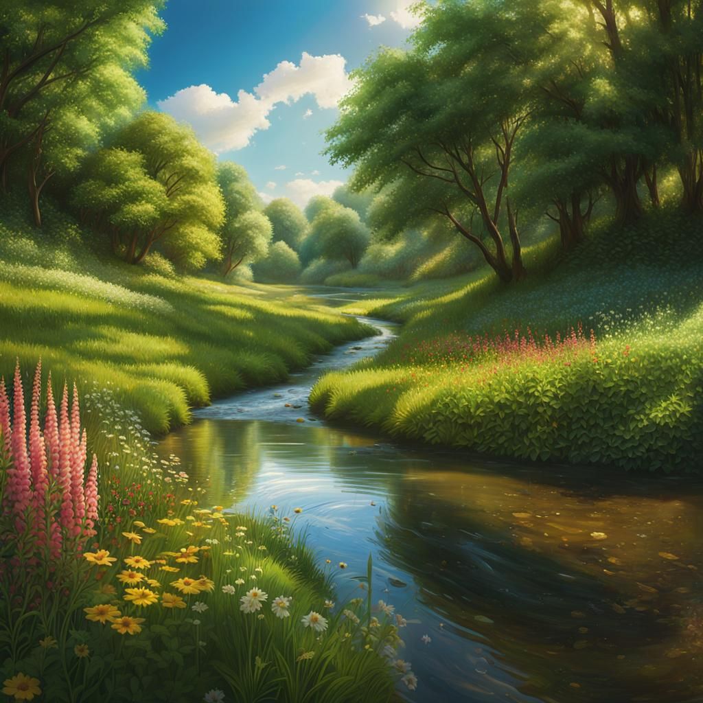 Lush Green Countryside Creek in Panoramic Concept Art