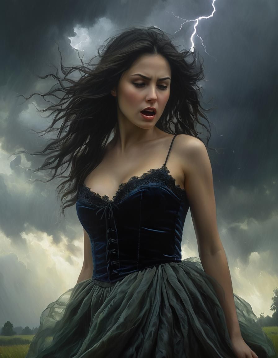 Chiaroscuro Oil Painting: Woman in Storm