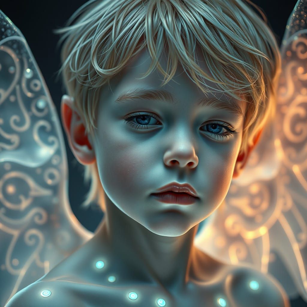 Serene Spectral Boy Angel in Iridescent Aura Glow