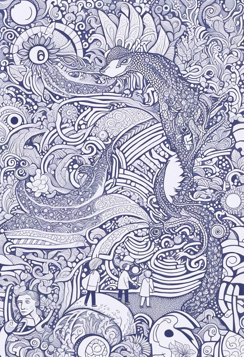 Monochrome Doodle Art with Lizard and Floral Motifs