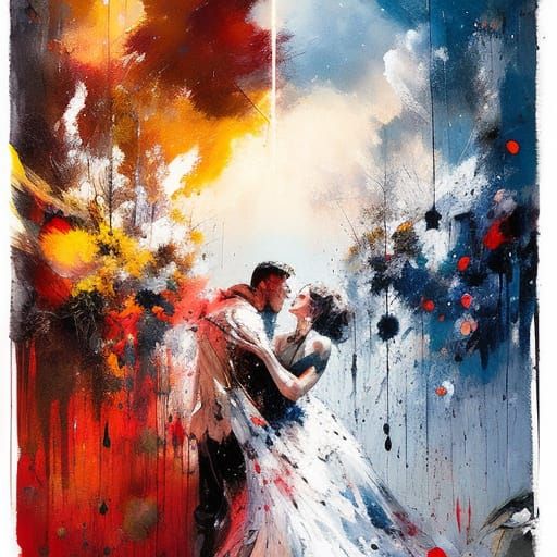 Lovers Embracing Under Moon and Sun in Splatter Paint