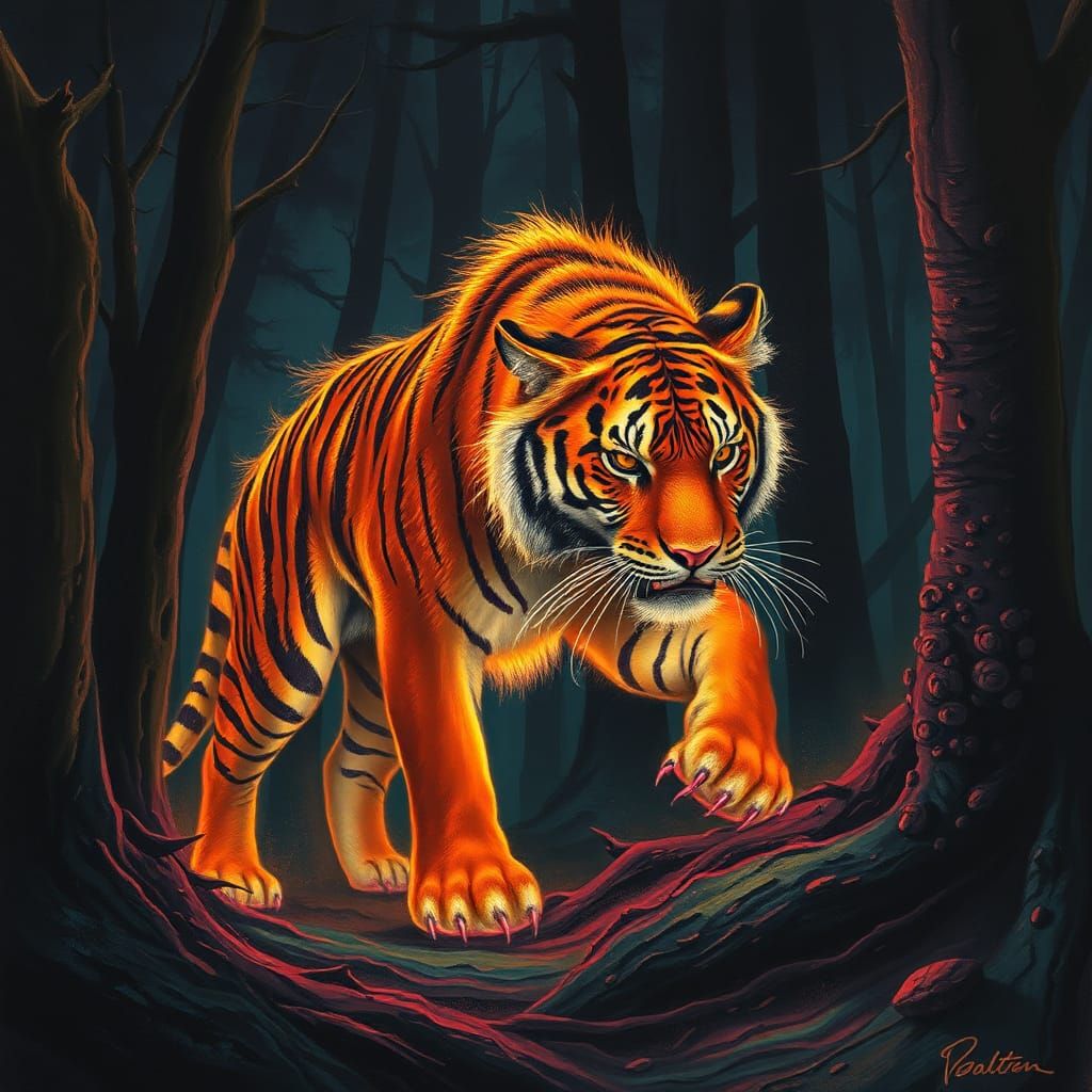 Fiery Tiger Prowls Mystical Forest