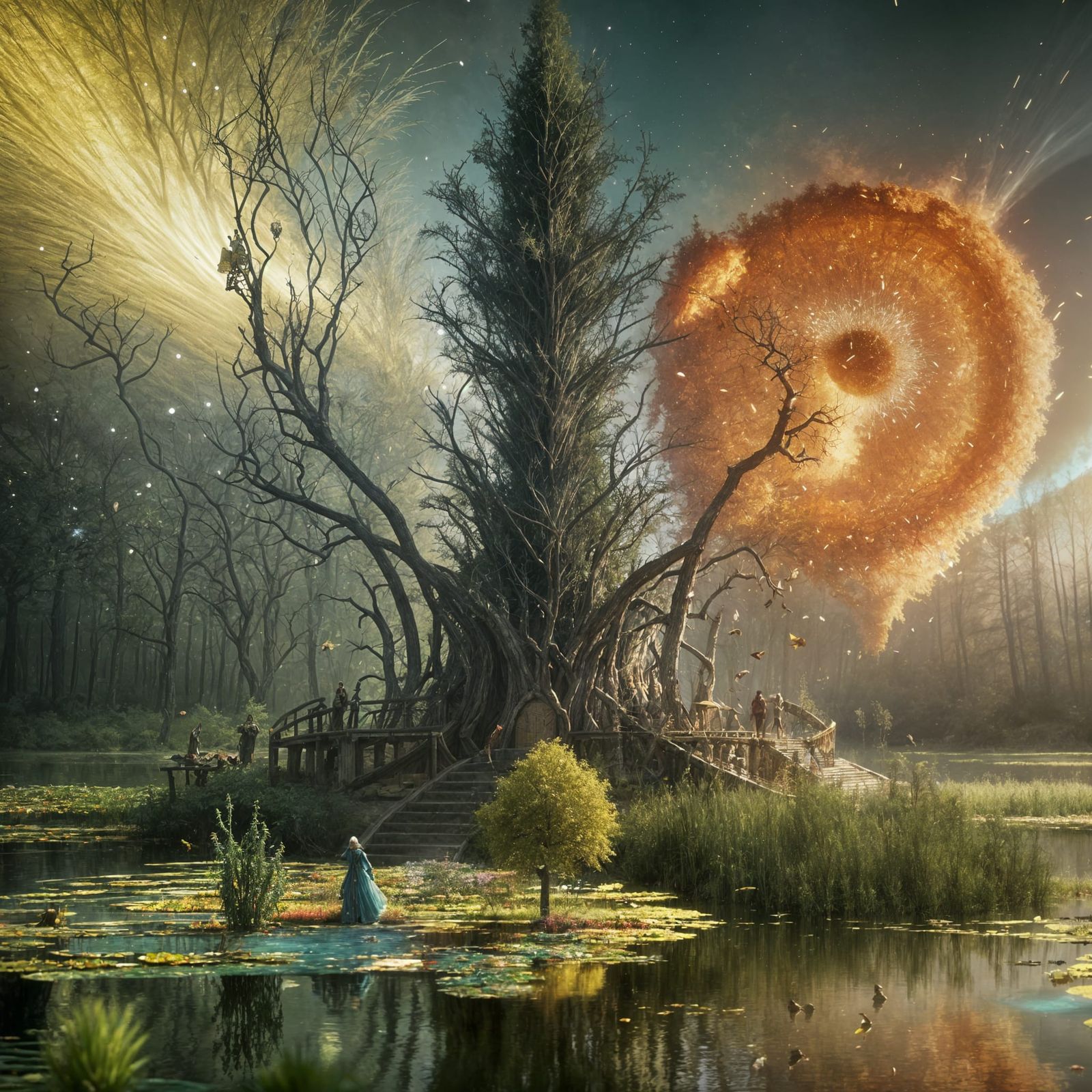 Magical Biopunk Garden with Erupting Pond