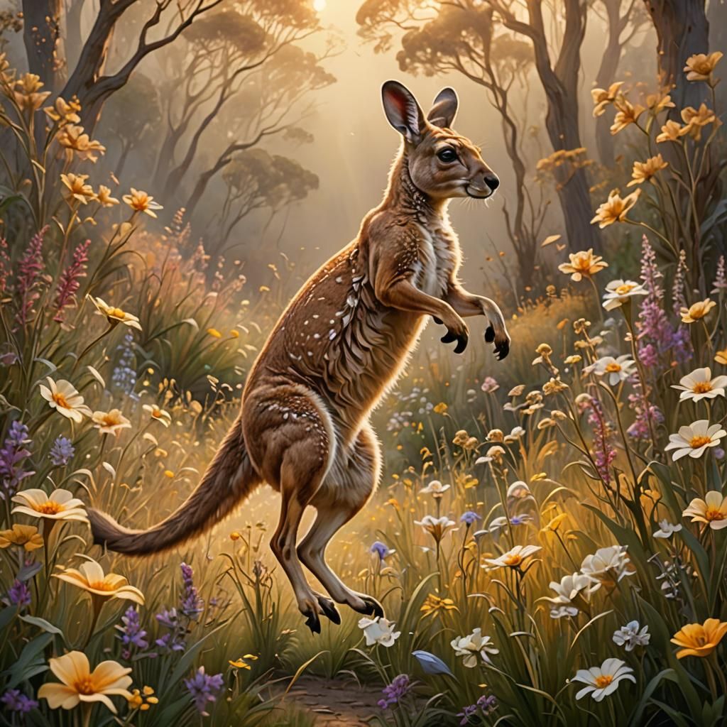 Art Nouveau Kangaroo Leaping Through Wildflowers