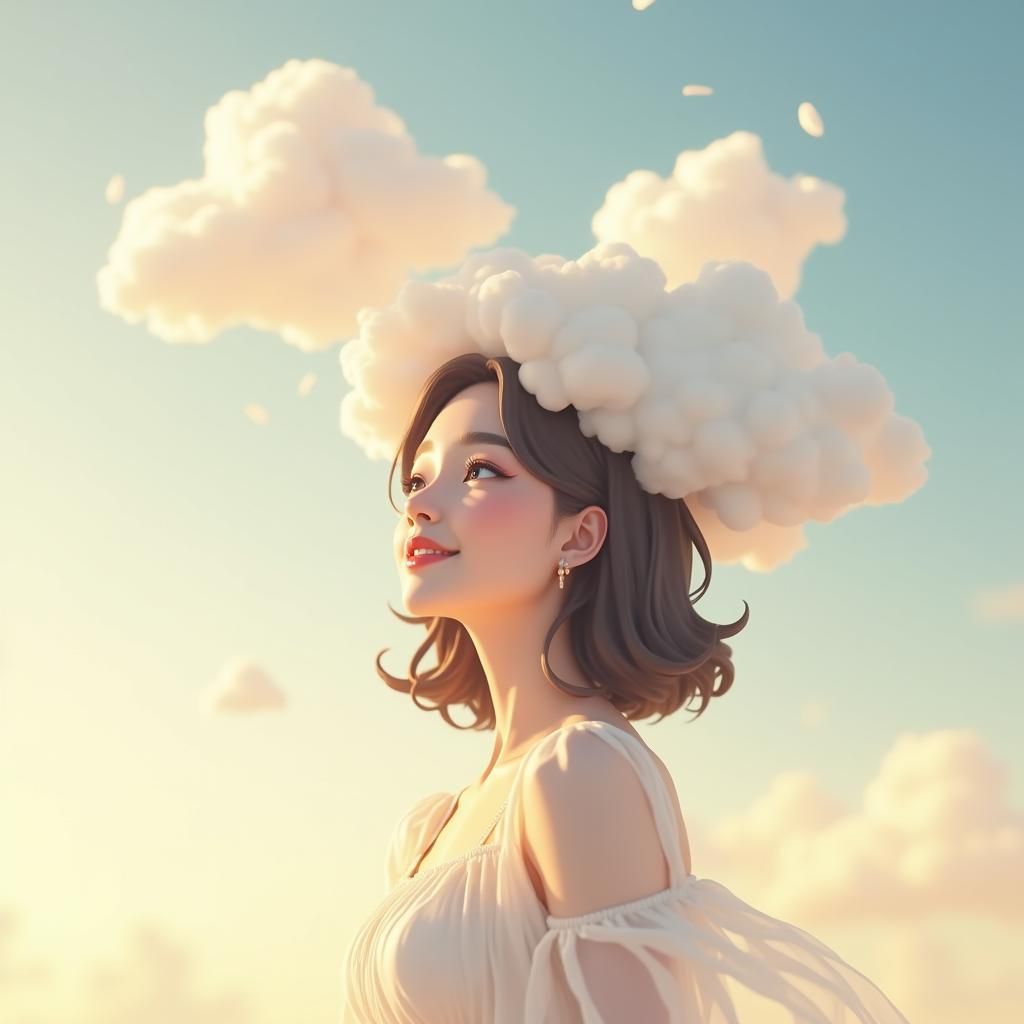 Woman's Thoughts Ascend as Clouds: 3D Anime Concept