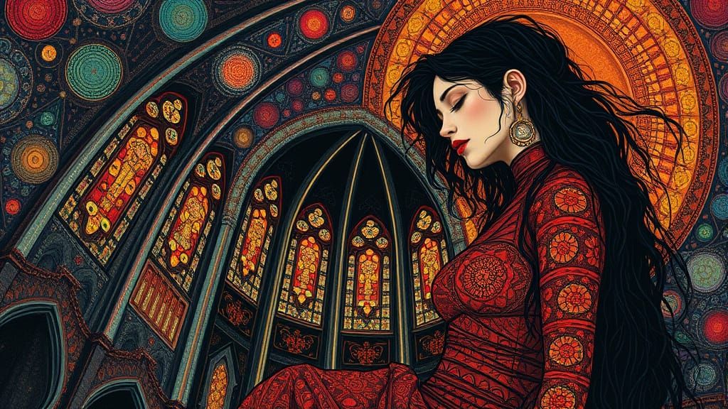 Lady in Vibrant Oil Painting with Art Nouveau Influences