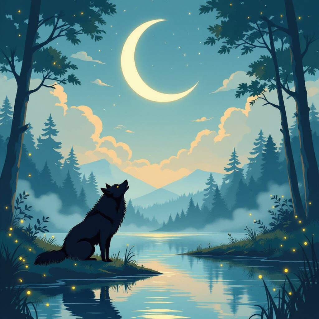Black Wolf Howls at Moonlit Lake in Ghibli Style