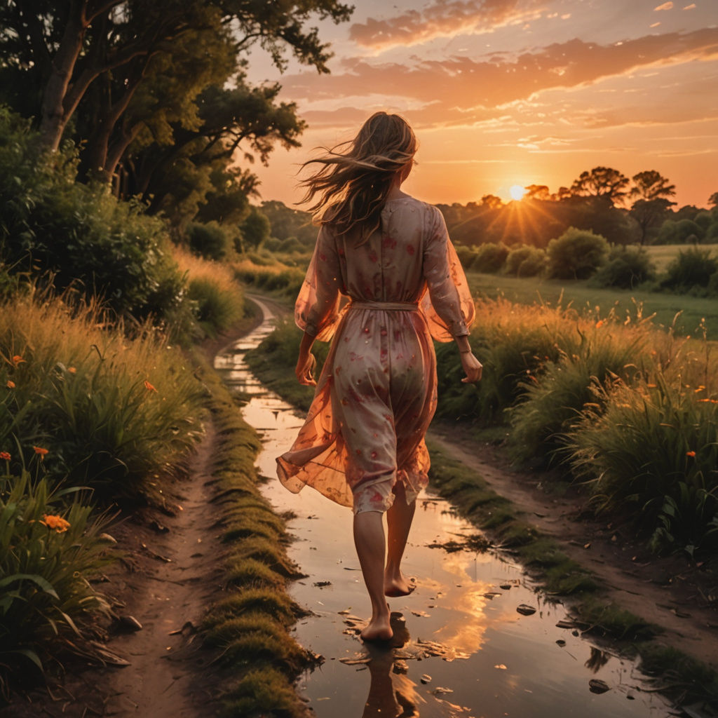 Barefoot Girl Running Into Sunset in Impressionistic Style