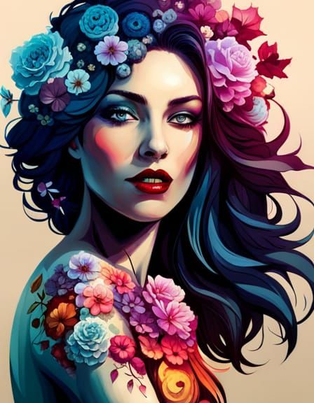 Smiling Woman Covered in Flowers: Fantasy Art