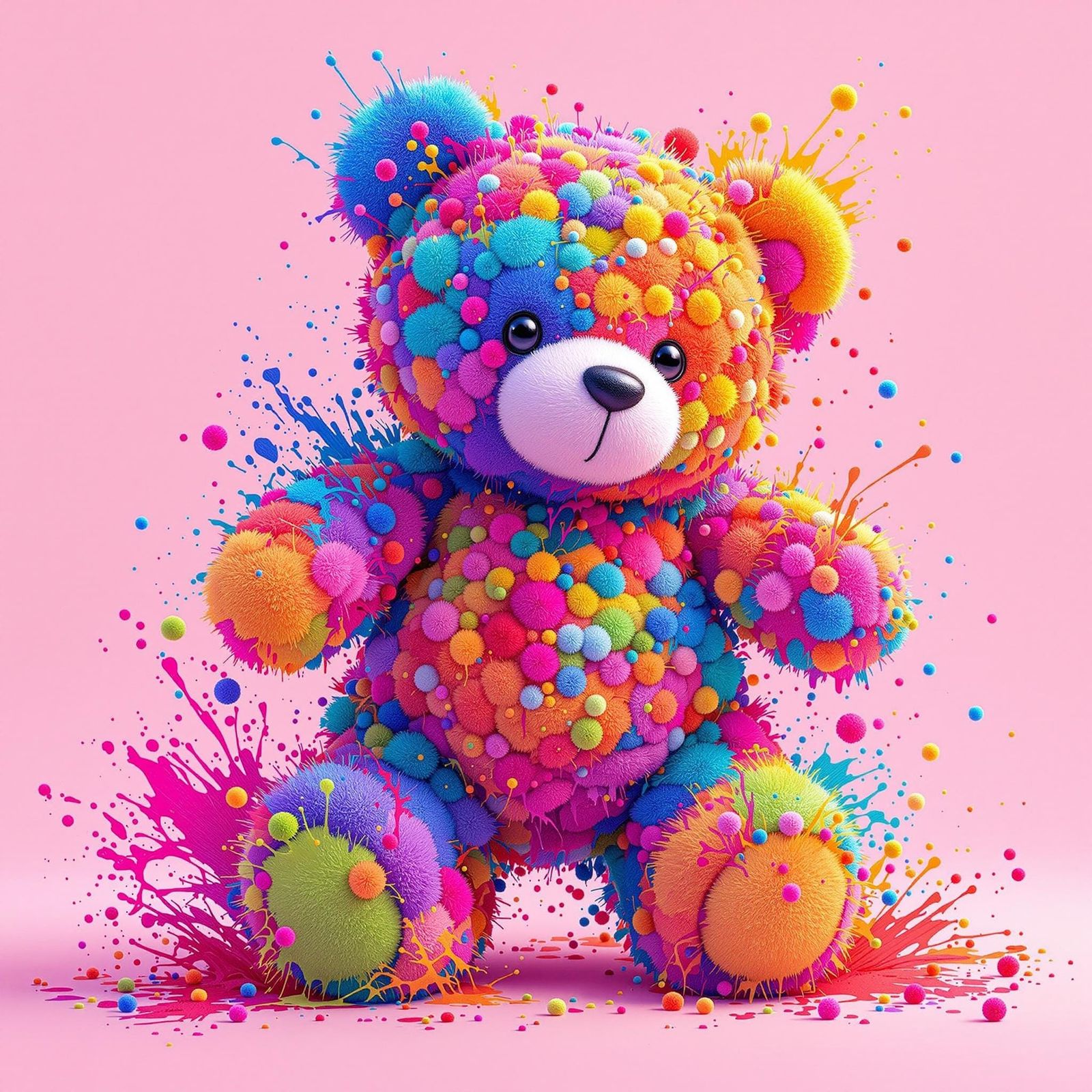Concept art. Medium shot. Pom poms build a playful Teddy Bea...