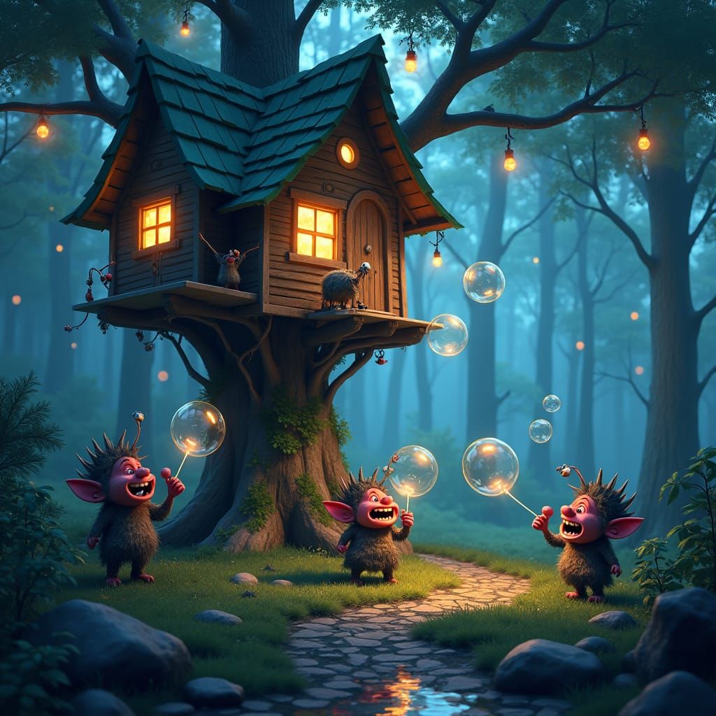 Trolls Bursting Soap Bubbles in Mystical Forest