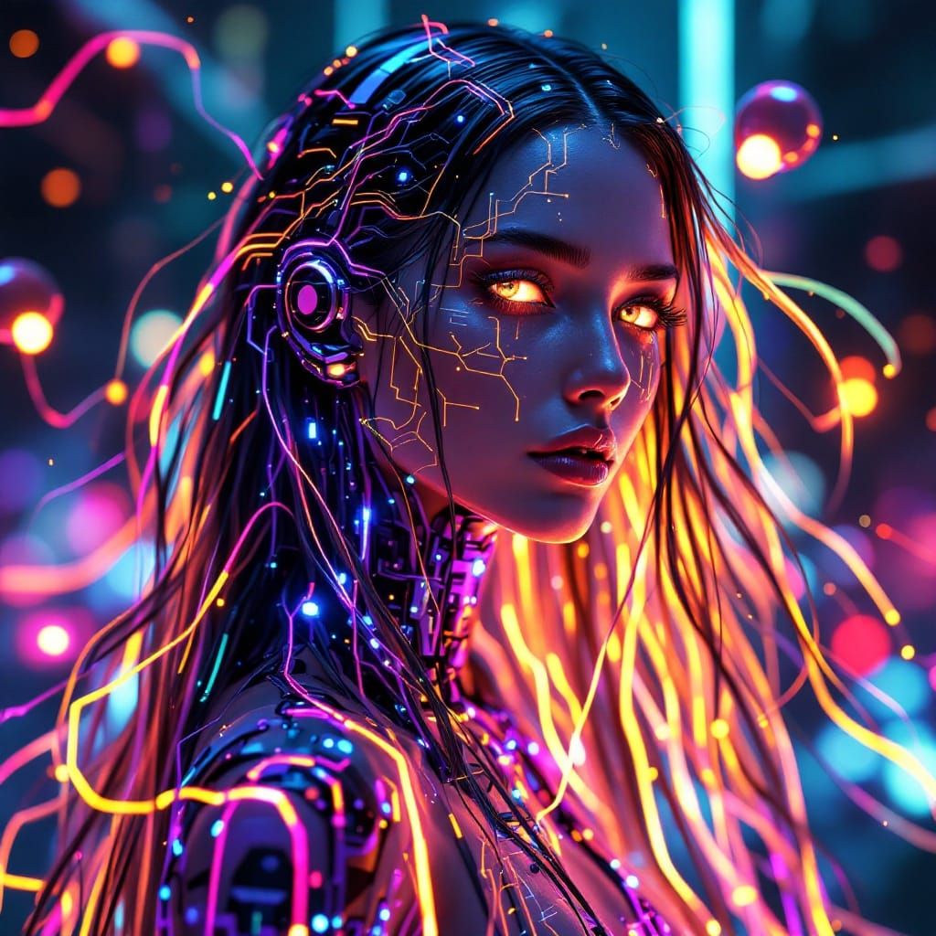 Cybernetic Goddess with Neon Skin and Fiber-Optic Hair