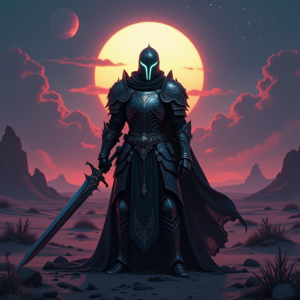 Gothic Knight on Alien World Under Binary Sunset