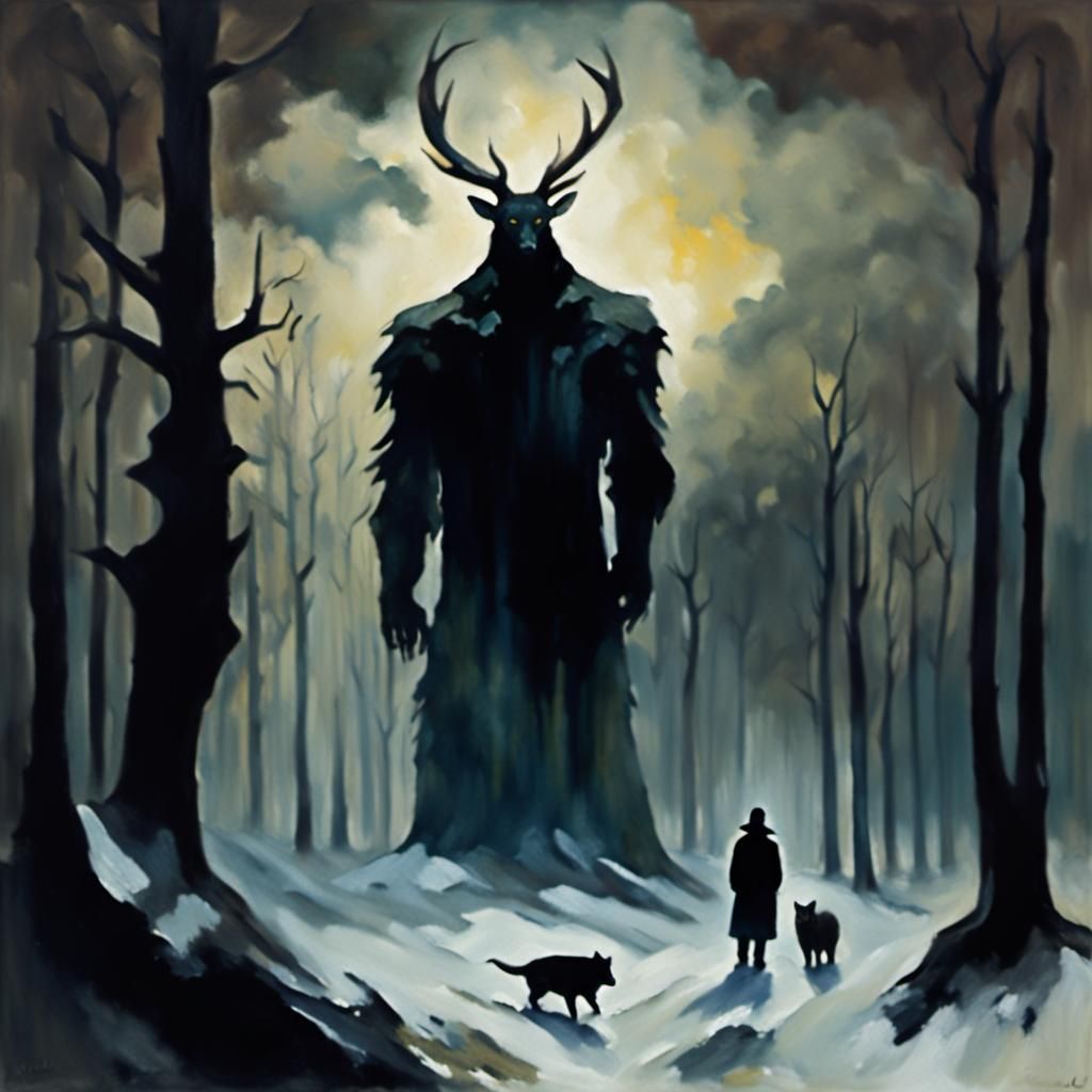 Ominous Giant in Dark Expressionist Landscape