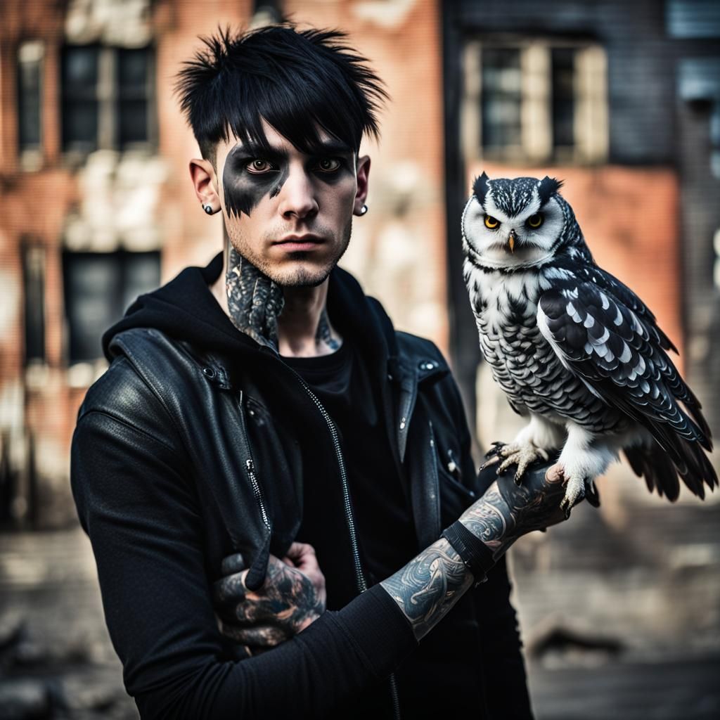 Cursed Goth Man with Owl in Demolition Site