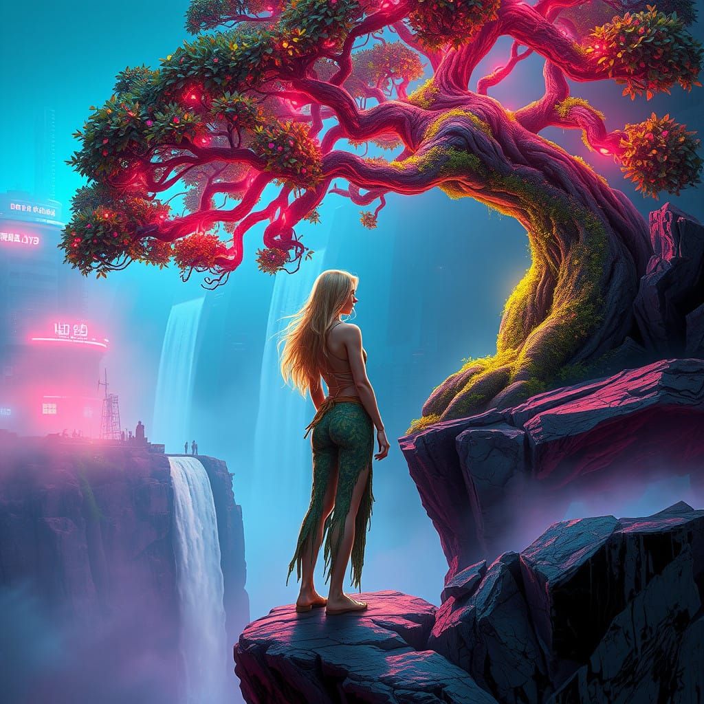Glowing Bonsai Tree Goddess in Cyberpunk Cityscape