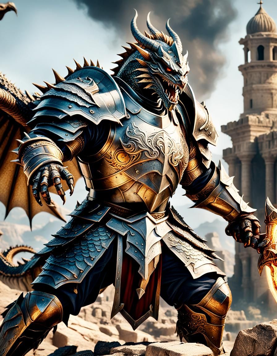 Paladin Slaying Dragon in Ancient City, Fantasy Art