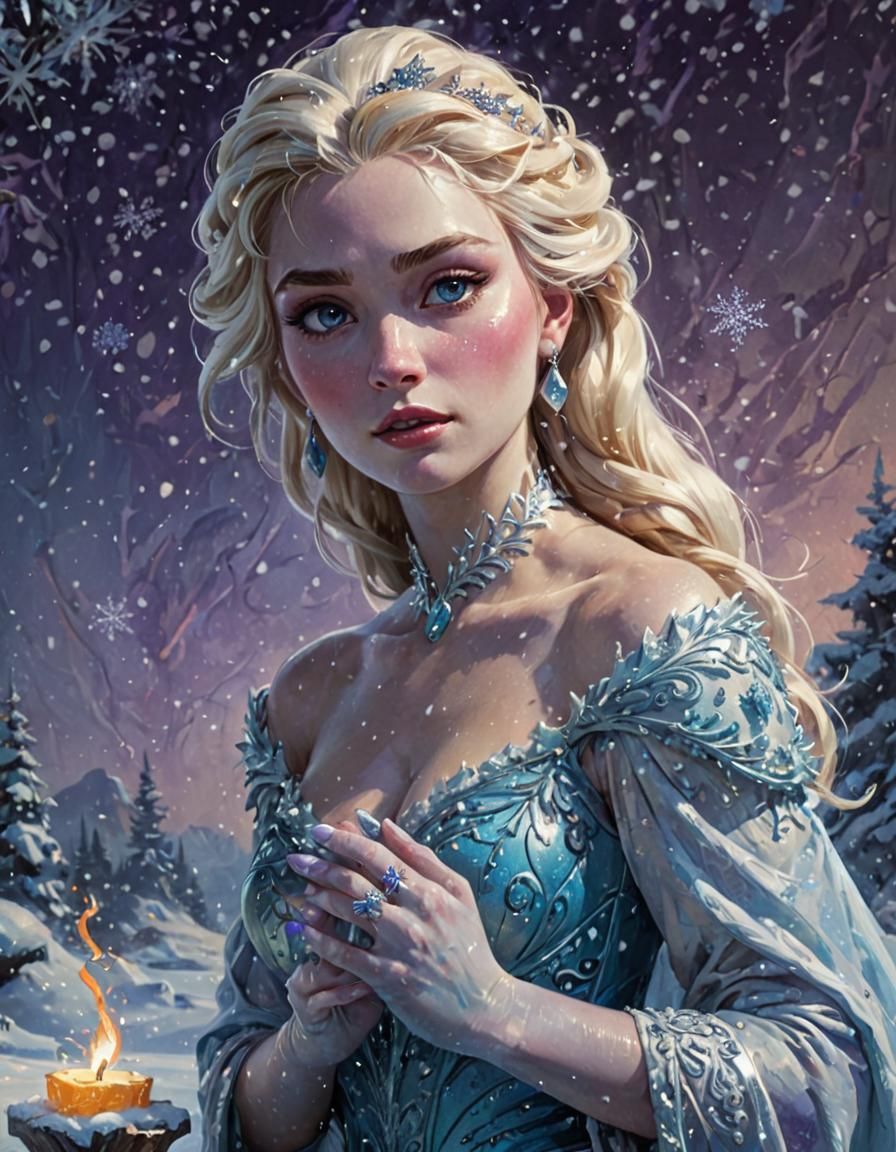 Elsa in Snowy Landscape as Frazetta Fantasy Art