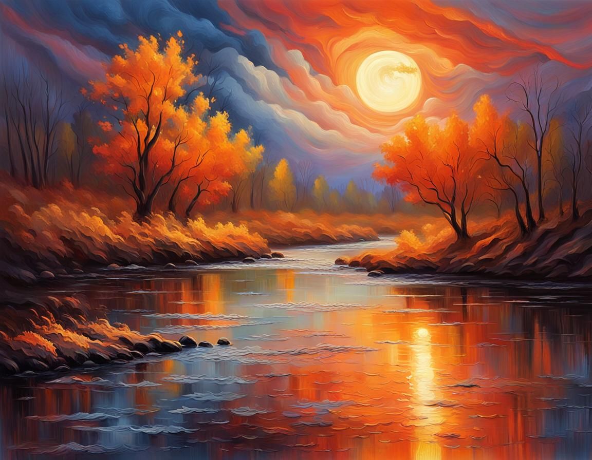 Mystical River Landscape in Romantic Impressionism Style