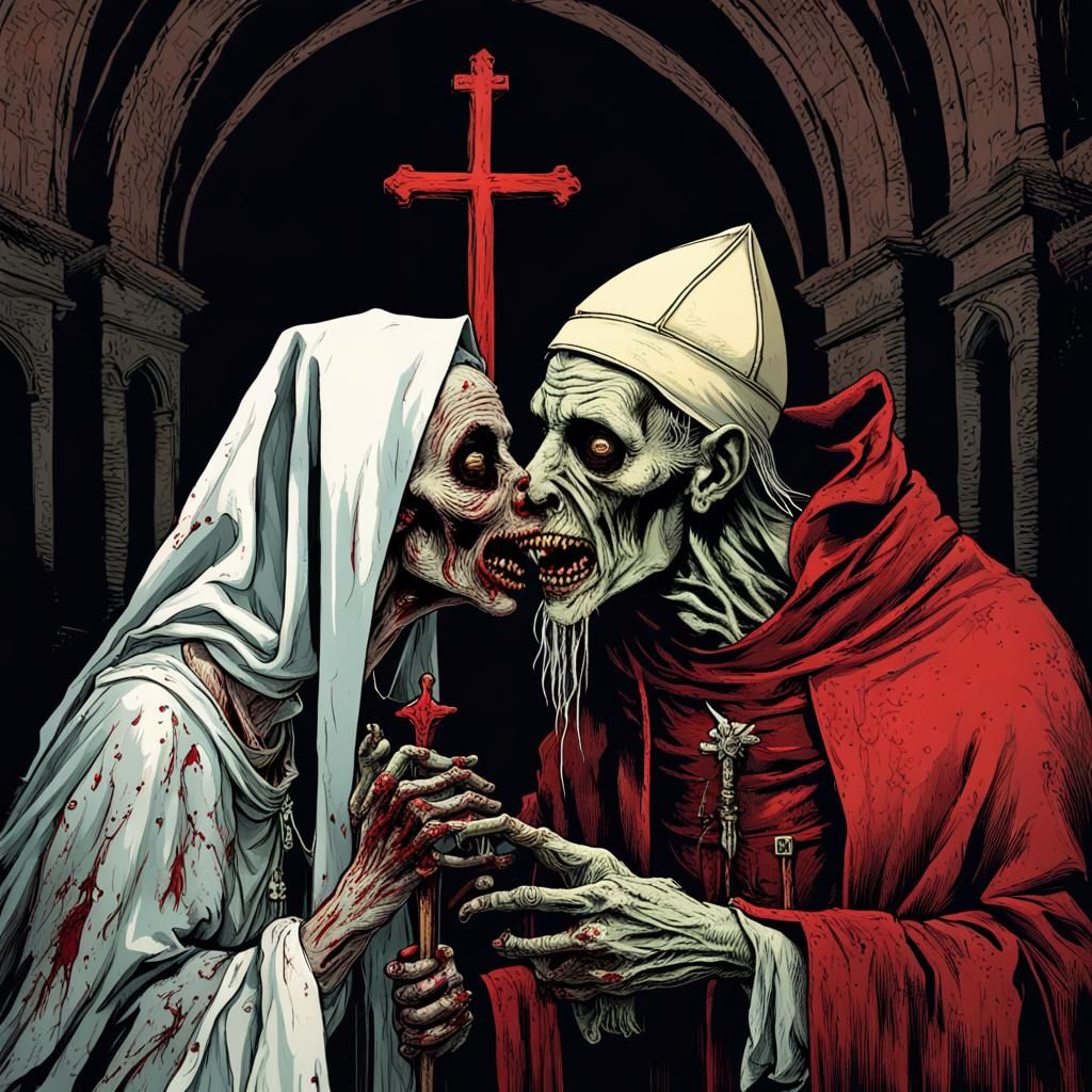Creepy Zombie Pope Kiss Illustration in Horror Style