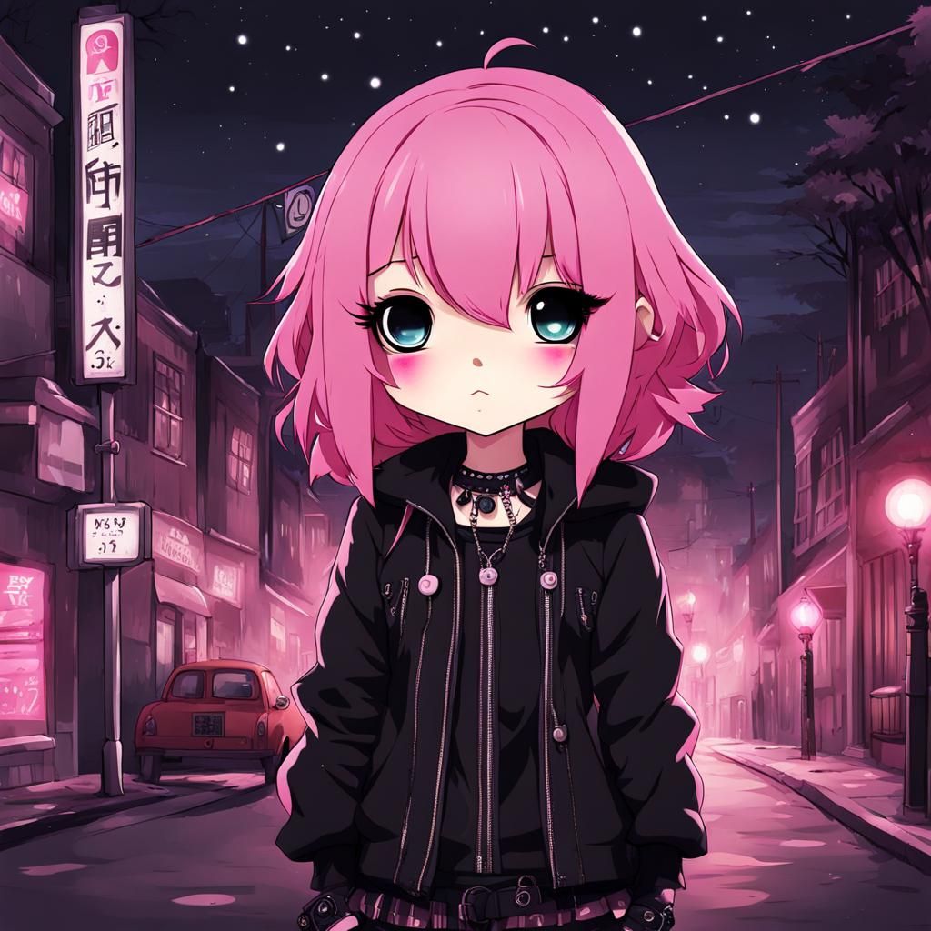 Anime Goth Punk Chibi Girl in City at Night