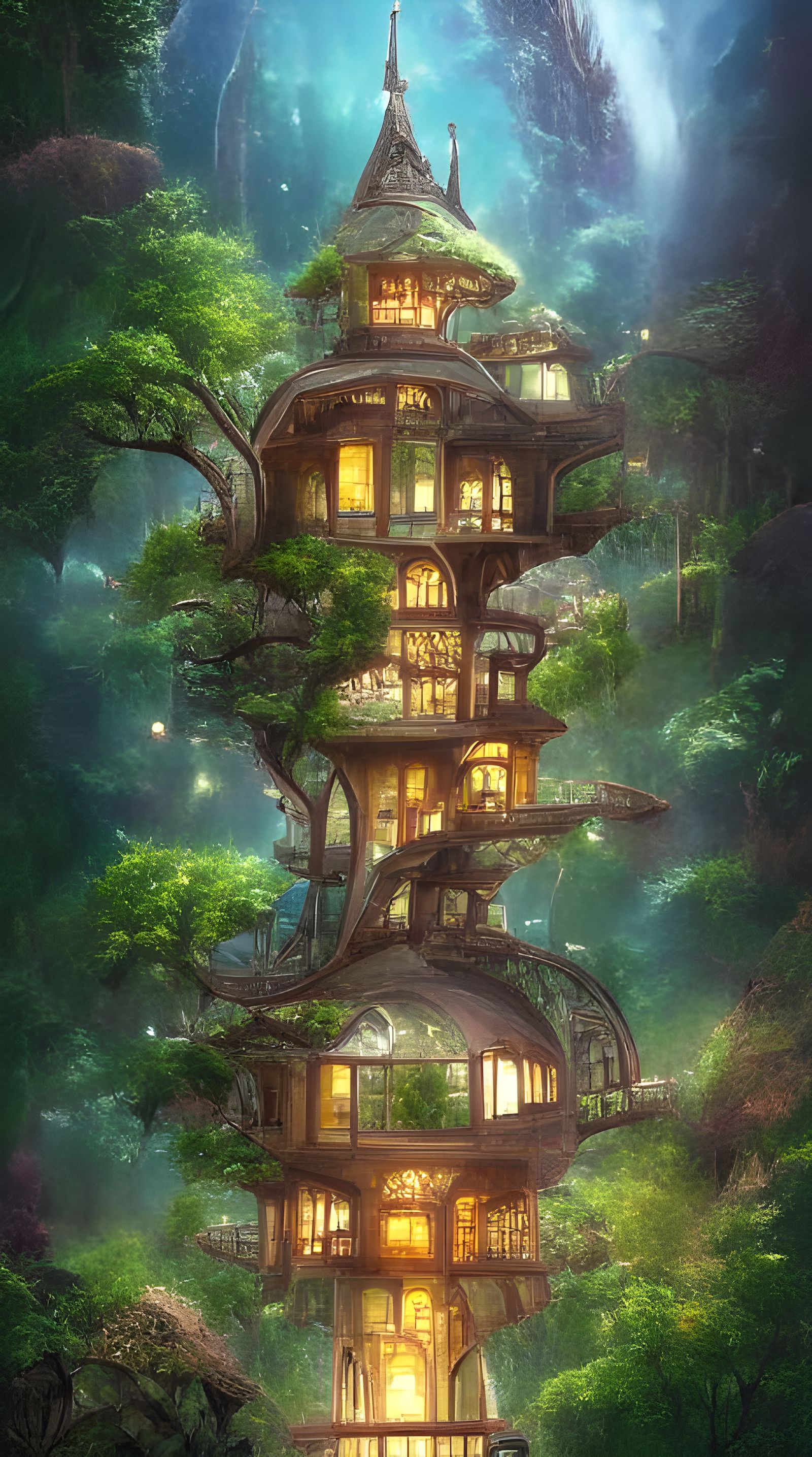 Enchanted Treehouse Village in Fantasy Landscape