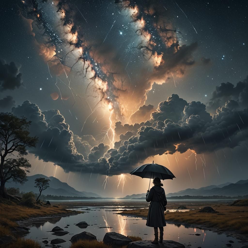 Glowing Star Rain Over Wilderness: Digital Matte Painting