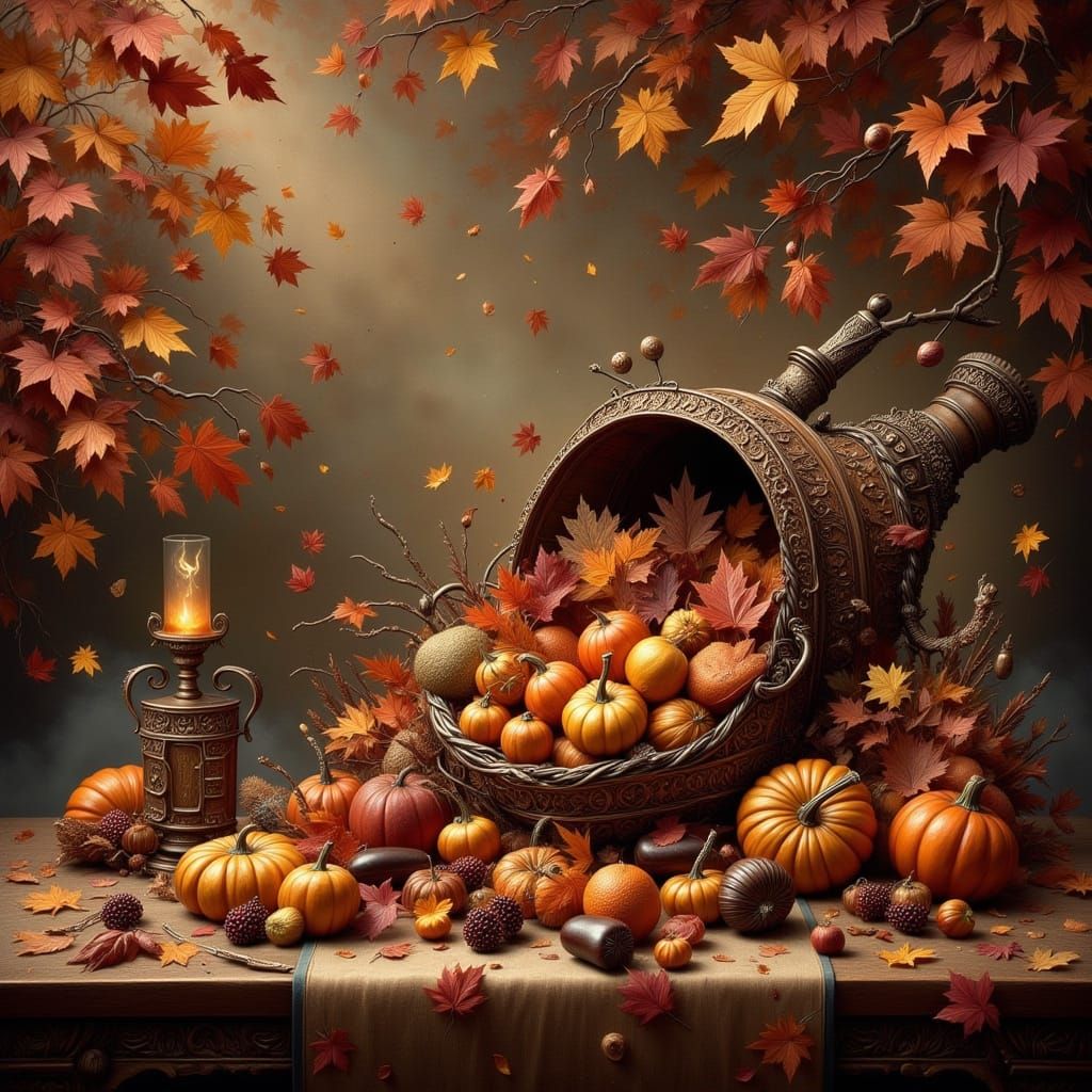Steampunk Autumn Still Life with Cornucopia