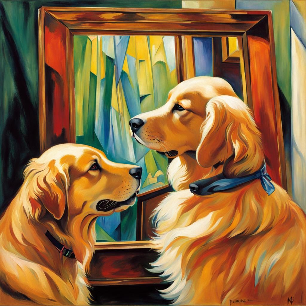 Dog and Cat Gazing Through Mirror, in Franz Marc Style