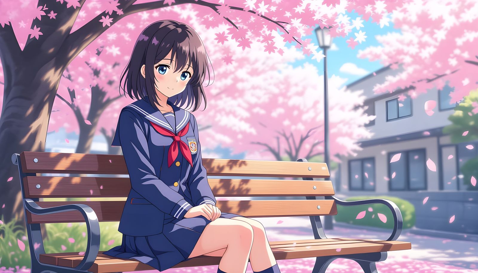 Anime Girl on Bench Under Cherry Blossoms