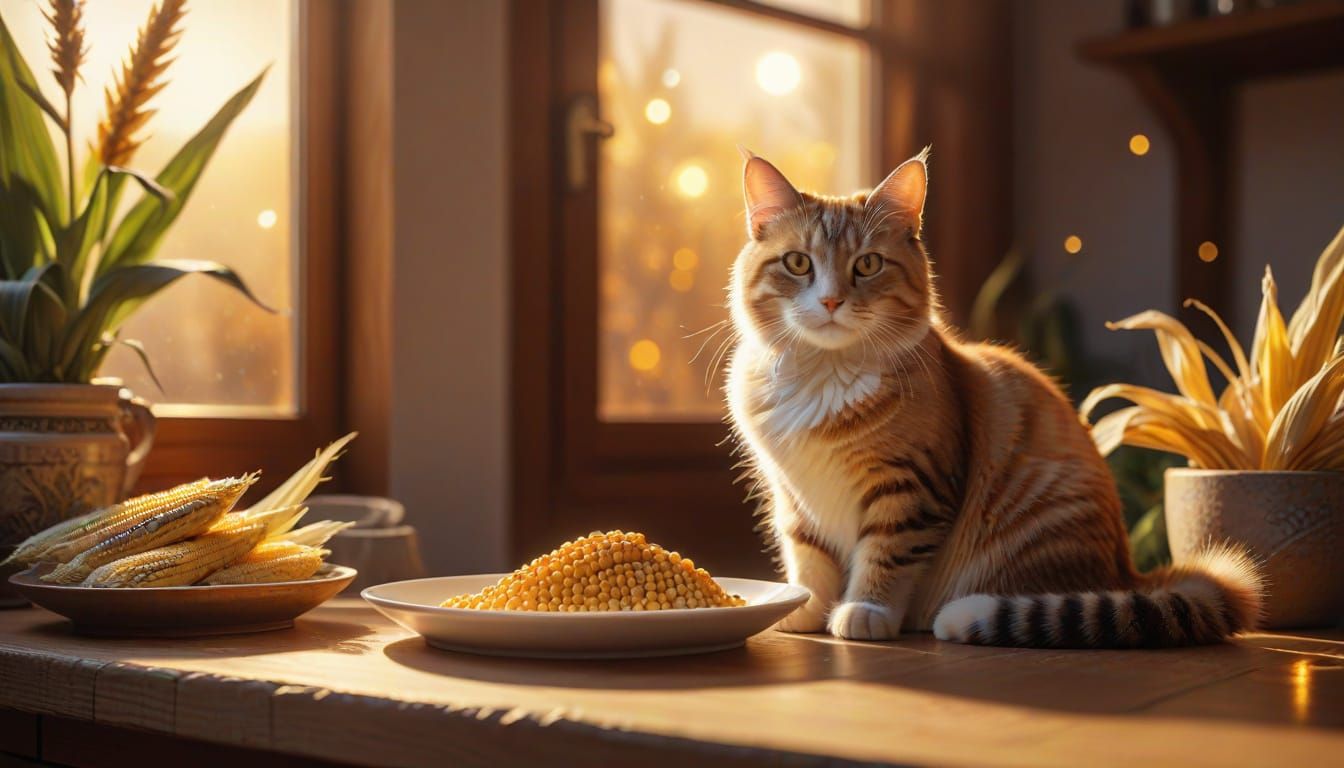 Cat Beside Gourmet Corn Setting in Golden Light