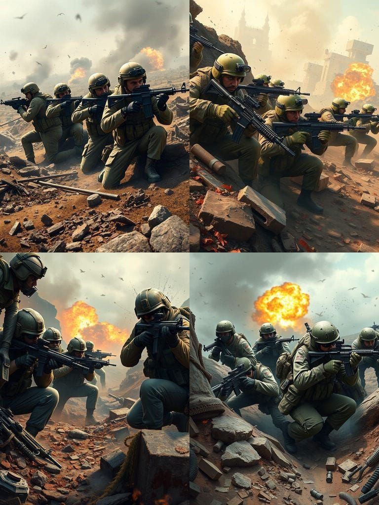 Intense Battlefield Scene with Realistic Soldiers in Combat
