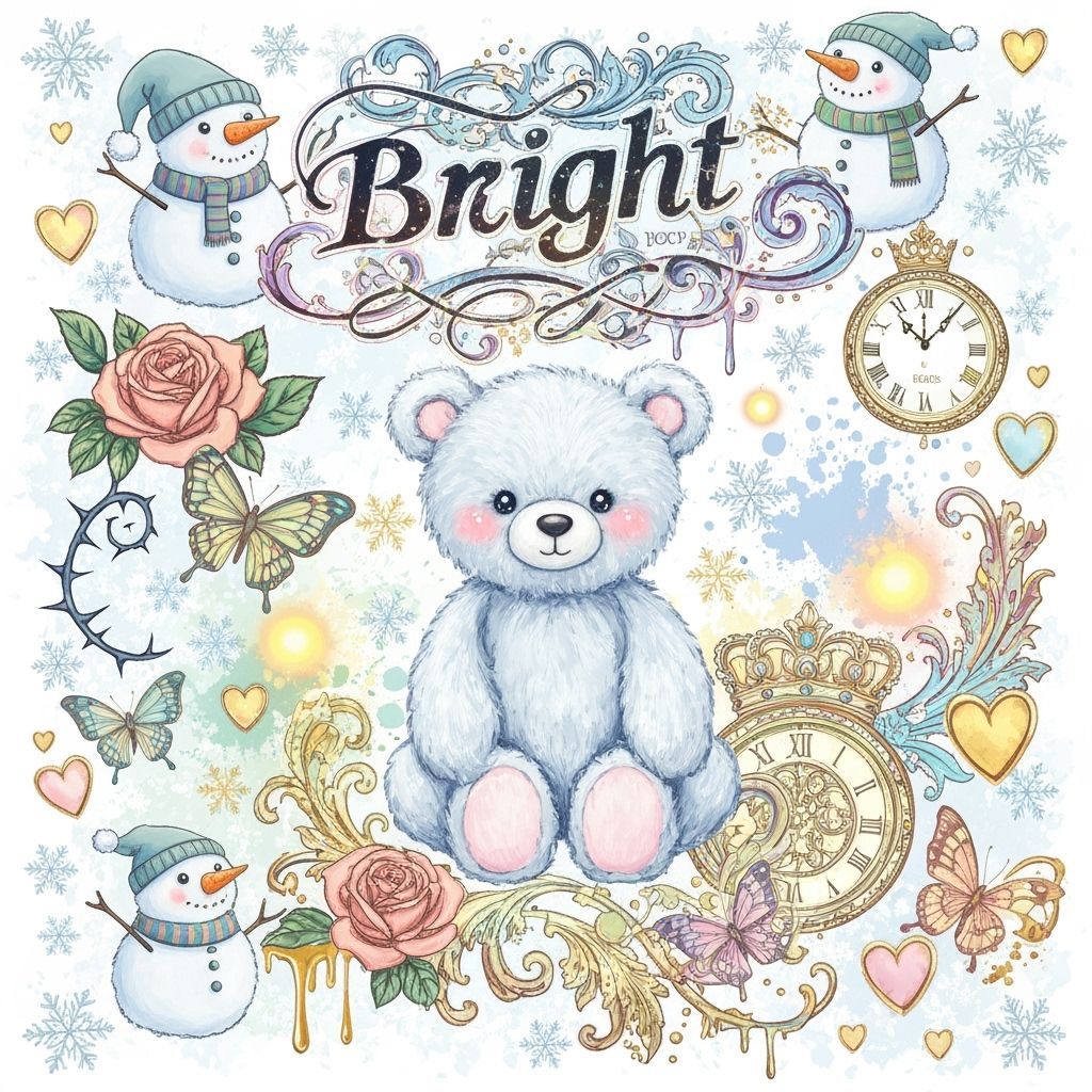 Kawaii Snowman Pattern with Gothic Roses and Teddy Bear