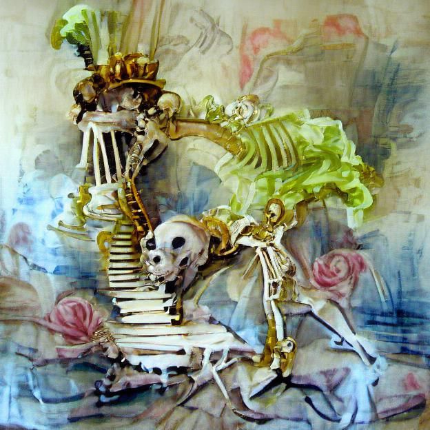 Rococo Skeleton in Mixed Media Style
